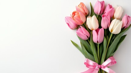 A beautiful bouquet of vibrant tulips elegantly tied with a satin ribbon, set against a clean white background.