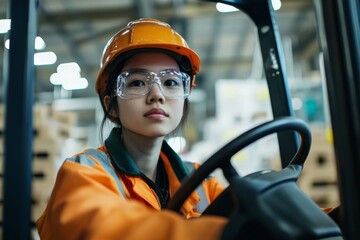 A young woman confidently navigates a forklift while wearing a hard hat and protective clothing. The image encapsulates safety, skill, and determination.