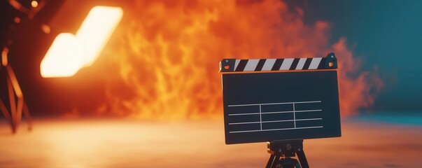 Filming clapperboard in front of a camera with lights, classic movie-making scene, 3D illustration