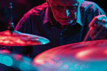 An elderly musician absorbed in playing his drum set, surrounded by vibrant lights, captures the essence of musical passion and timeless dedication to art.