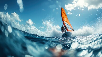 Windsurfer flying across the surface of the ocean, the board cutting through the waves with intense speed under a bright blue sky  high-energy water sports capture.