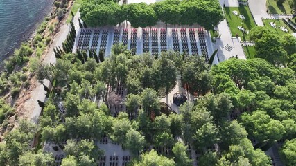 Turkish Flag (Turk Bayragi) and Canakkale Martyrs' Memorial Drone Video, Canakkale Martyrs' Cemetery Canakkal,e Türkiye (Turkey)
