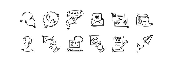 Contact us doodle icons set. Business communication sketch hand drawn vector illustration. Phone, messaging, fax, location, mail, client survey, review, subscription, follow social media © Kseniia