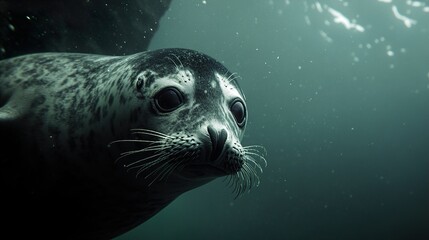 Naklejka premium Curious Seal Pup Underwater: A Close-Up Portrait