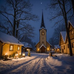 Snowy Village at Night with Illuminated Church and Cozy Houses in a Peaceful Winter Scene