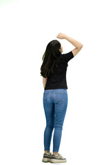 A woman, full-length, on a white background, rejoices