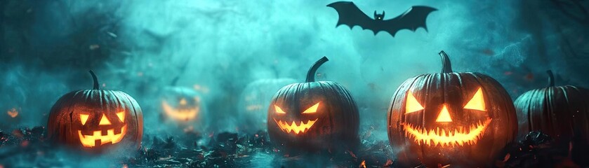 Fototapeta premium Spooky Halloween scene with glowing pumpkins, mist, and a flying bat under a mysterious blue light.