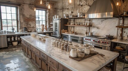 photograph of A kitchen designed for baking, with multiple ovens, a large marble island for rolling dough, and jars filled with baking ingredients like flour and sugar neatly arranged.