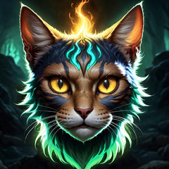 Mystical cat with fiery crown and vibrant colors.