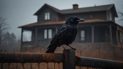 A Raven Perched on a Fence With an Old House Shrouded in Fog During a Misty Evening in the Countryside