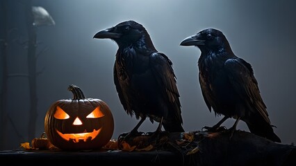 Obraz premium Two Ravens Perched Beside a Carved Pumpkin in a Dimly Lit Setting During Halloween Night