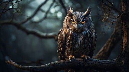 A Majestic Owl Perched on a Branch in a Dark Forest During Twilight