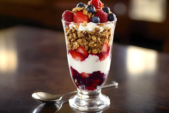Tall glass parfait with crunchy granola, creamy yogurt, and a vibrant mix of fresh berries, ideal for breakfast or a snack.
