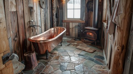 photograph of A rustic cabin bathroom with stone flooring, a copper bathtub, and a wood-burning stove, blending comfort with nature.
