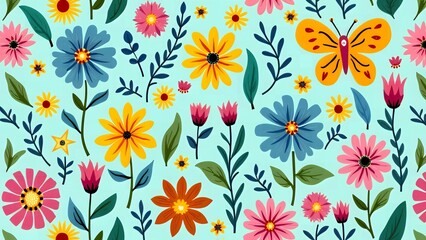 Floral Magic Colorful Flowers, Leaves, and Butterflies