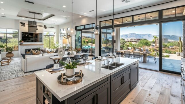 photograph of A spacious open-concept kitchen and living area, where the kitchen island seamlessly transitions into a dining space, with large glass doors leading to an outdoor patio.