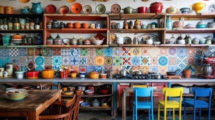 photograph of A vibrant, eclectic kitchen with colorful backsplash tiles, mismatched chairs, and open shelving displaying a collection of vintage cookware.