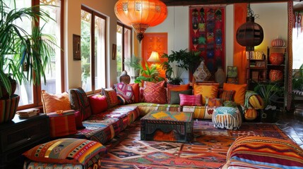 photograph of A vibrant eclectic living room with a mix of patterns, bold colors, and unique decor pieces from different cultures, creating a lively and expressive space.