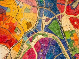 Obraz premium A colorful, detailed map of a city with winding streets and vibrant blocks.