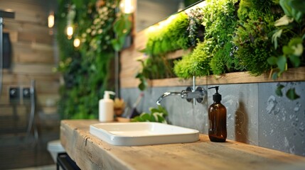 Fototapeta premium photograph of An eco-friendly bathroom with reclaimed wood accents, low-flow faucets, and a plant-filled vertical garden wall, promoting sustainability and style.