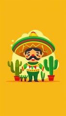 Fototapeta premium Cartoon Character With Sombrero Hat And Cactus, Greeting Card For Cinco De Mayo Celebration