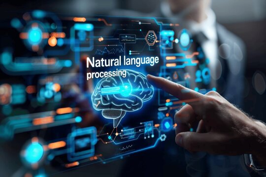 NLP in AI businessman touching virtual screen connecting digital brain technology interface human machine interaction - Powered by Adobe