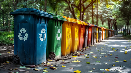 Different color recycling bins in city park bins for collection of recycle materials
