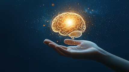 A glowing brain is held in an open hand against a dark background, symbolizing knowledge, creativity, and the power of the mind.