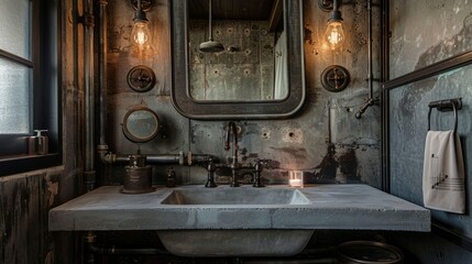 photograph of An industrial-style bathroom with exposed metal pipes, a concrete sink, and matte black fixtures, creating a bold, edgy aesthetic.