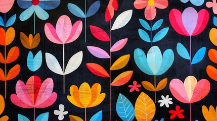 Colorful Floral Pattern on Dark Background, Modern and Minimalist Flower Illustration