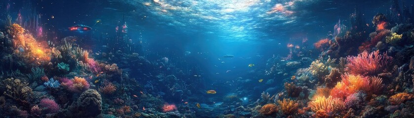 Fototapeta premium High-angle view, vibrant coral reefs, illuminated futuristic city, advanced submarines exploring, soft bioluminescence