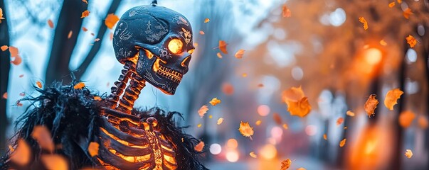 A whimsical skeleton in a colorful environment, surrounded by autumn leaves, capturing the spirit of Halloween and seasonal change.