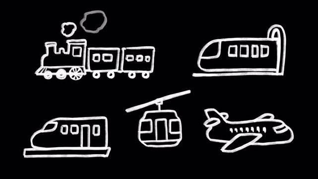 Animated Transportation Doodle Set 3: Train, Metro, Plane & Cable Car - wiggle icon stickers hand-drawn crayon chalk style on a transparent background