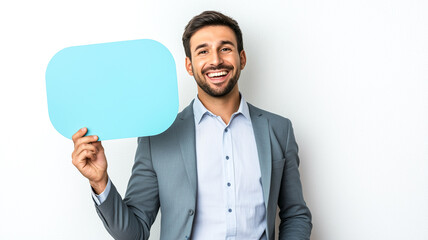 Joyful Corporate Employee Holding Speech Bubble Card Above His Head.