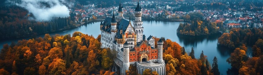 Obraz premium Majestic fairy-tale castle blending with bustling cityscape, vibrant colors, high-altitude drone view, dreamlike atmosphere