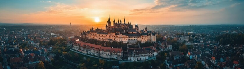 Fototapeta premium Majestic fairy-tale castle blending with bustling cityscape, vibrant colors, high-altitude drone view, dreamlike atmosphere