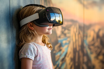 A little girl wearing a virtual reality headset leaning against a wall - Powered by Adobe