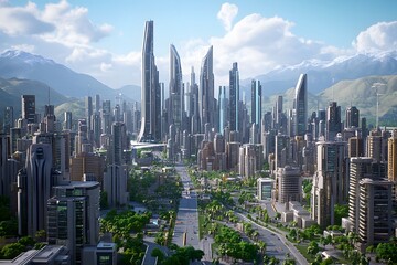 Obraz premium Futuristic cityscape with towering skyscrapers and lush greenery.