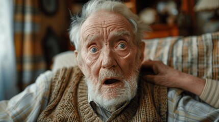 Elderly Man in Sweater Vest Seated on Sofa in Living Room Showing Panic Holding Chest