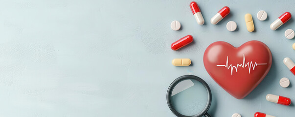 Heartbeat cardiogram with heart shape, a magnifying glass showing an enlarged heart rhythm, with pills scattered on the surface