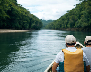 Exploring serene river, two friends enjoy peaceful boat ride surrounded by lush greenery and calm waters. Their laughter echoes in tranquil atmosphere