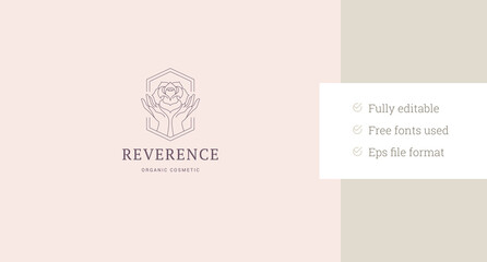 Elegant feminine hands with rose flower geometric line art logo design template vector illustration. Beautiful arms with botanical blossom floral linear logotype for skin care cosmetic brand