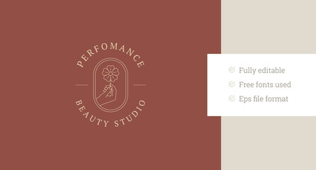 Elegant female hand holding flower line art logo design template vector illustration. Beautiful blossom chamomile in arm ellipse linear logotype for skin care spa wellness cosmetic brand