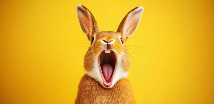 close up portrait of funny, happy rabbit screaming against vibrant yellow background. This adorable creature captures joy and playfulness, making it delightful image
