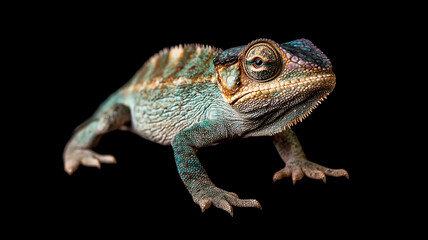 Colorful chameleon on black background, showcasing its vibrant scales and unique features. This full body image highlights intricate details and textures of chameleons skin, evoking sense of wonder