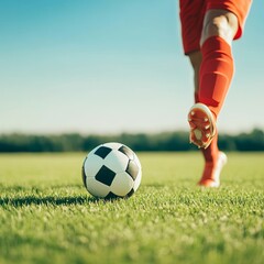 Obraz premium Close-up of a soccer player kicking the ball on a green field. The player is in motion with the ball in mid-air. The focus is on the ball.