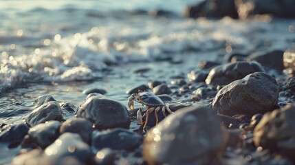 A seashell-topped wave laps against smooth stones, embracing the delicate balance between earth and ocean, capturing the gentle interplay of light and shadow.