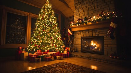 Fototapeta premium Christmas Tree, Presents, Fireplace, and Stocking in a Cozy Living Room