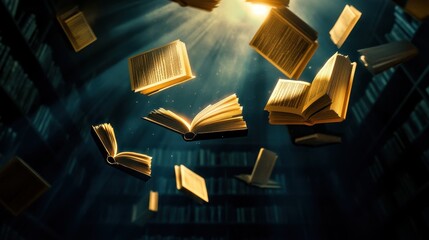 A magical scene of floating books illuminated by sunlight, showcasing the beauty and wonder of knowledge within a library.