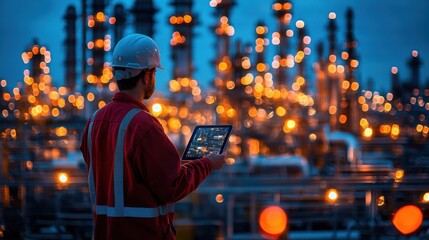 A man in a red jacket is looking at a tablet while standing in front of a large industrial plant. Concept of technological advancement and the importance of modern technology in the industrial sector